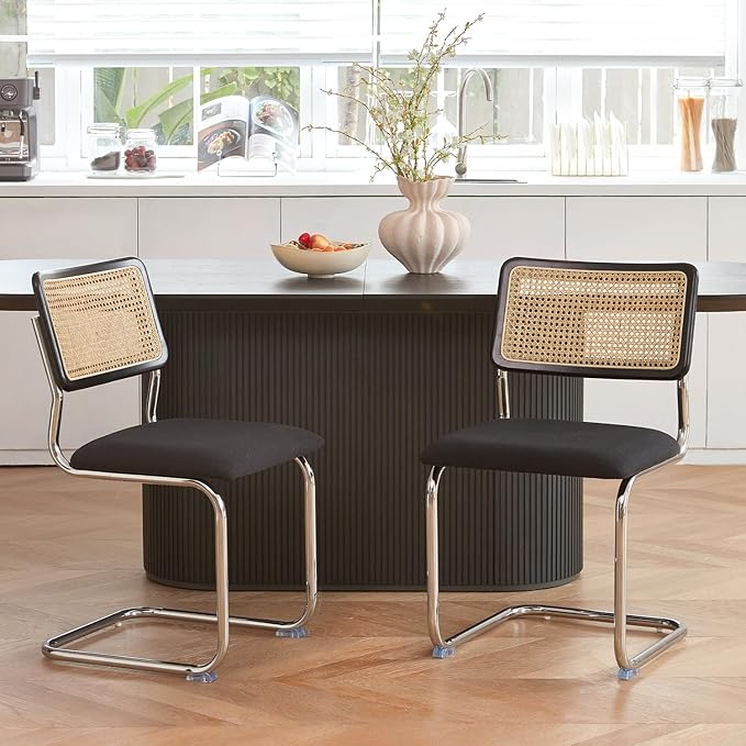 Black Chrome Rattan Dining Chairs Set of 2, Wooden Mid-Century Modern Kitchen Chairs, Mesh Back Cane Dining Room Chairs, Cesca Design Chair with Metal Chrome Legs