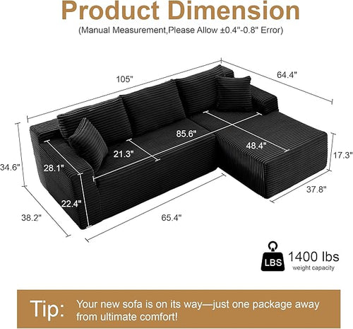 105''Sectional Cloud Couch with L Shaped Chaise,Modern Modular Sectional Sofa,Comfy Sectional Couches for Living Room,Bedroom,Apartment (Black, 105''W Right Facing Chaise)