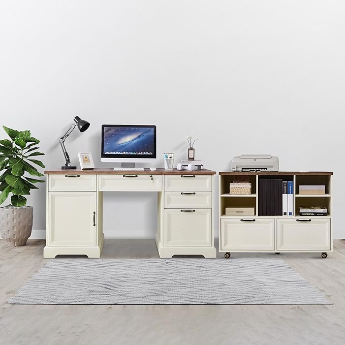 60" Farmhouse Executive Desk with 40" Mobile File Cabinet,L Shaped Desk Set with Charging Station,Office Desk with Storage Drawers,Wood Computer Desk Set for Office Work,Home Study
