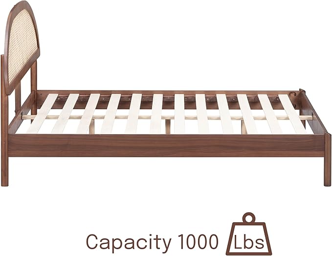 NTC Gem Wooden Bed Frame with Headboard and Natural Rattan, Solid Oak/Rubber Wood Foundation with Silent Slats, 1000 Lb Capacity, Effortless Assembly (Natural Cane - Dark Walnut, Queen)