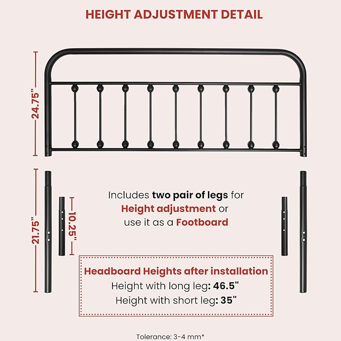 Vintage Metal Headboards, Adjustable Height Iron Frame, Farmhouse Rustic Style, Elegant and Durable Design, Easy Assembly, Universal Fit for Kids & Adults, Queen Size, Black Finish