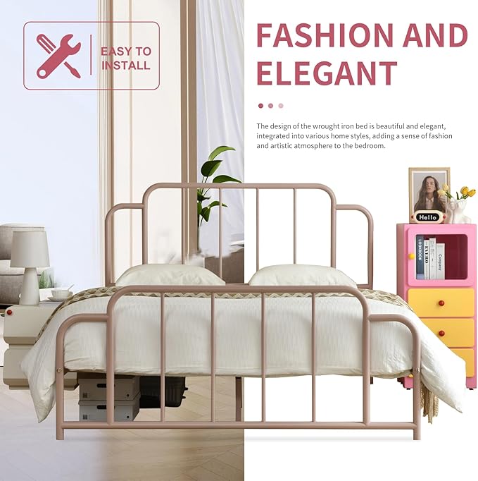 PINJU Metal Platform Bed Frame with Headboard and Footboard, Classic Style, Sturdy Metal Slats, No Box Spring Needed, Easy Installation (Pink, Queen)