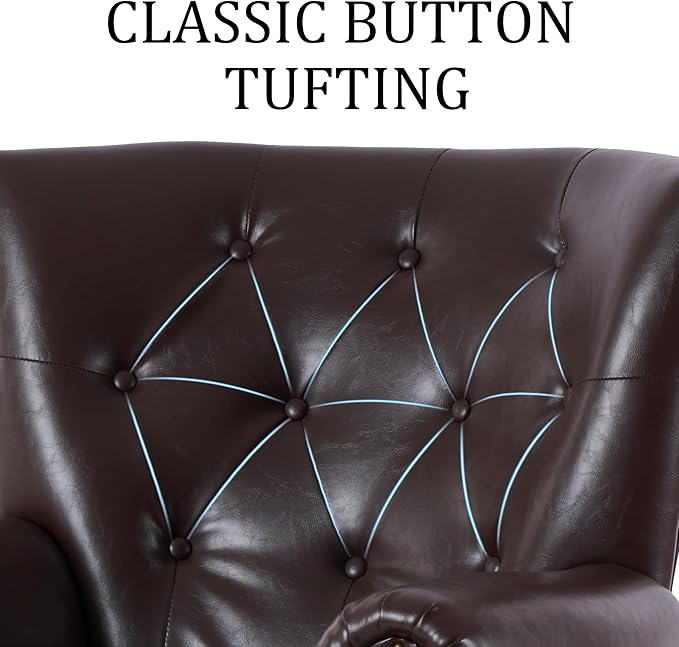 Modern Faux Leather Accent Chair, Upholstered Mid-Century Armchair with Solid Wood Legs, Single Sofa Chair for Living Room, Bedroom, or Reading Room（Caramel）