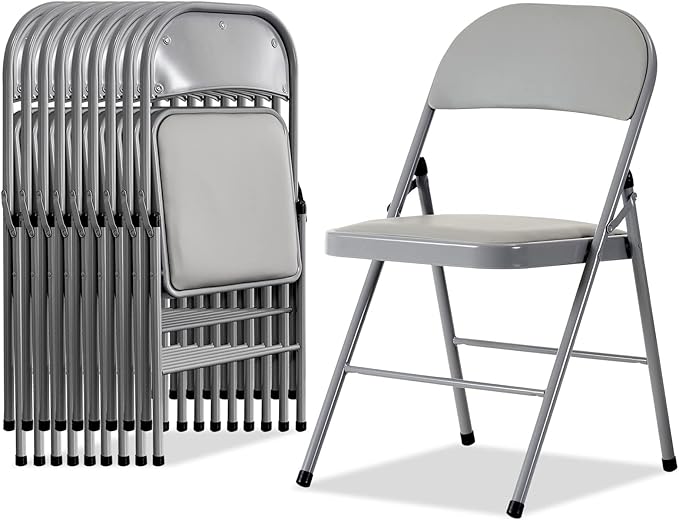 10 Pack Grey Folding Chairs with Padded Seats, Portable Stackable Foldable Chairs for Indoor and Outdoor, Commercial Seat with Metal Frame for Events Office Wedding Party, 330lbs Capacity