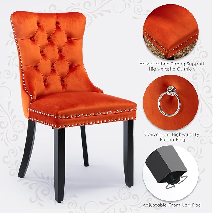 Velvet Upholstered Dining Chairs Set of 2, Modern Style Kitchen Side Chairs with Nailhead Trim and Wood Legs,Metal Pulling Ring for Dining Room Living Room(Orange,Set of 2)