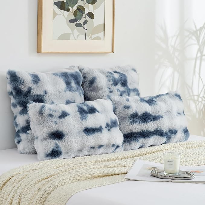 FUTEI Blue White Decorative Throw Pillow Covers 20x20 Inch Set of 2,Soft Fuzzy Faux Rabbit Fur Cushion Covers with Raised Texture,Neutral Boho Home Decor for Couch Bed Living Room