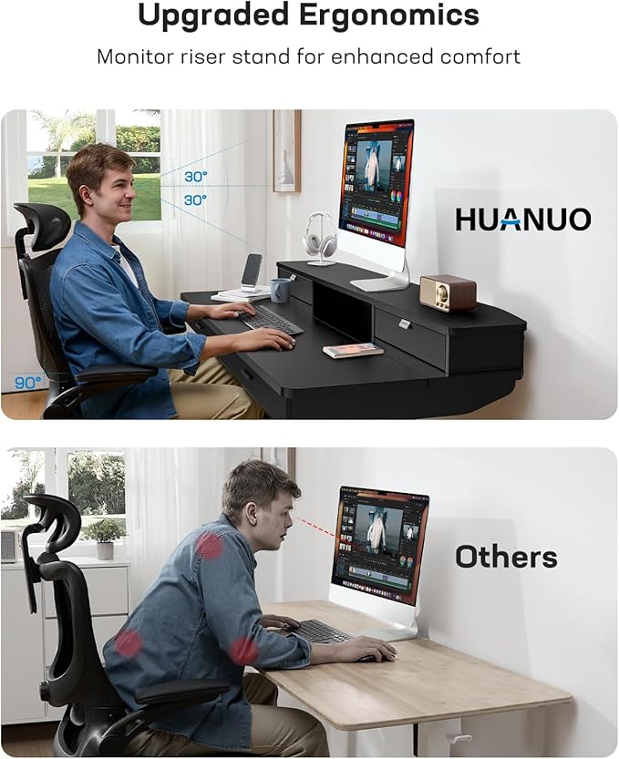 HUANUO 48 x 30 inch Electric Standing Desk with Wood Drawers, Adjustable Height Sit Stand Home Office Desk with Two Tiers, Ergonomic Adjustable Stand up Desk C-Clamp Monitor Mount Compatible, Black