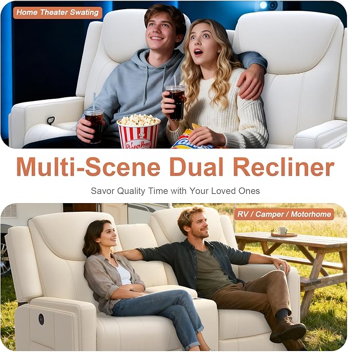 Loveseat Recliner Sofa, Beige PU Leather Double Recliner Loveseat with Console, Cup Holders, Storage & USB Ports, Ergonomics，Manual Reclining Sofa Couch for Living Room, RV