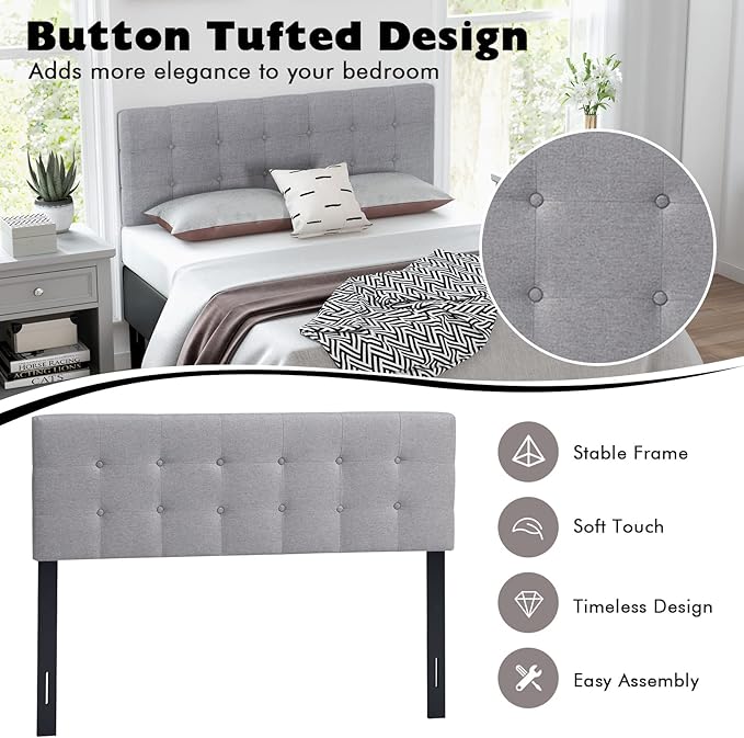Giantex Linen Upholstered Headboard, Adjustable Width Button Tufted Headboard Only with Solid Wood Legs, Attach Frame, Rectangular Headboard for Queen Full Size Bed, Gray
