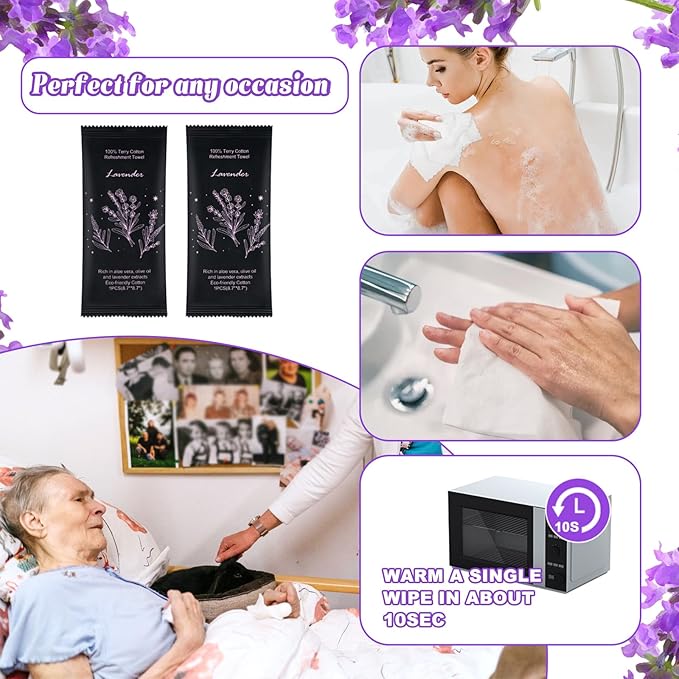 Hot or Cold Moist Cotton Towel Bulk Moist Towelettes Individually Wrapped 8.7" x 8.7",White Towel Services,Refreshment Pre Moistened Towels Lavender Scent for Travel Sport Party Spa Dentist Hotel