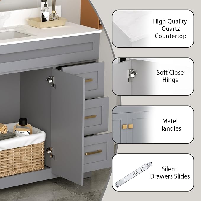 60 Inch Bathroom Vanity with Sink in Grey Painted Surface,Quartz Top with Undermount Ceramic Sink, Solid Wood Storage Cabinet,2 Soft Closing Doors, 6 Full Extension Drawers