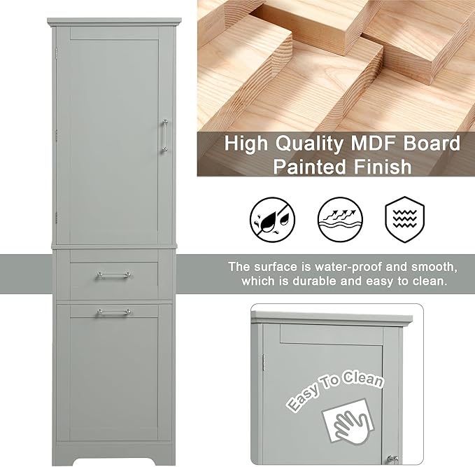 Tall Bathroom Storage Cabinet, Freestanding Storage Cabinet with 1 Door, 2 Different Size Drawers for Bathroom Living Room (Grey)