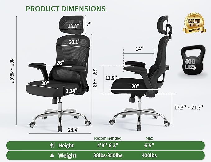 Ergonomic Office Chair: 400LBS Computer Desk Chair Comfy-Black Big and Tall Office Chair with Lumbar Support & Headrest-Gaming Chairs for Adults-Executive Office Rolling Chairs for Home Work