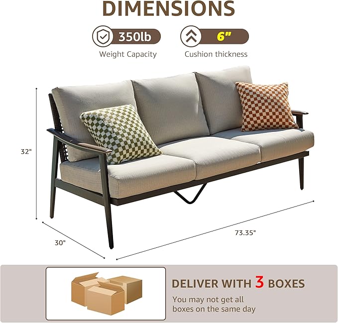 NATURAL EXPRESSIONS Patio Sofa Outdoor Furniture Metal Chair with Wicker Backrest & 6 Inches Cushion for Indoor, Front Porch, Deck, Balcony, Backyard, Sunroom, 73.35"(L) x 29.75"(W) x 33.86"(H).