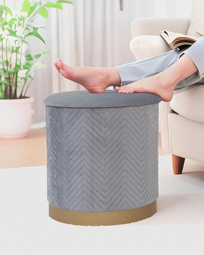 B FSOBEIIALEO Ottoman with Stroage, Round Velvet Storage Ottoman with Gold Plating Base,Foot Rest Stool for Dorm Room, Living Room Grey, 16.73"x16.73"x17.72"