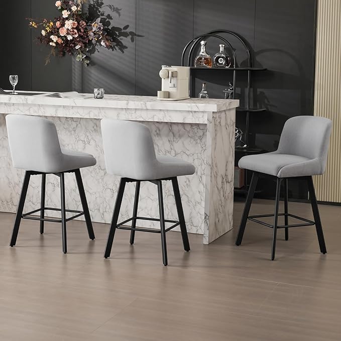 Swivel Bar Stools Set of 3, 26''H Upholstered Barstools with Backs, Modern Counter Height Bar Stool Chairs for Kitchen Island, Metal Legs, Light Gray Fabric Counter Stools