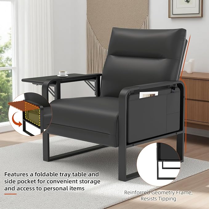 Upholstered Accent Sofa, Modern Faux Leather Sofa Chair with Foldable Side Tray Table & Storage Pocket, Small Accent Sofa for Living Room, Bedroom, Reception Room, Black