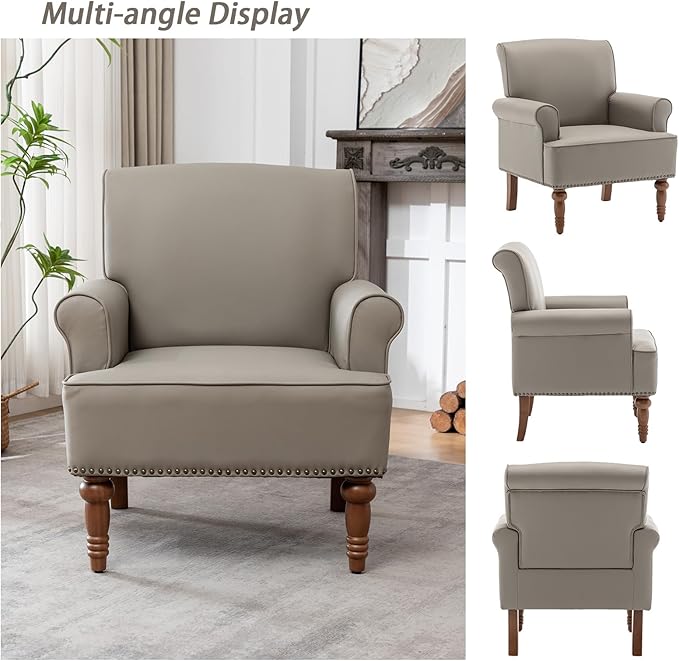 HOMEFLEX Accent Chair, Faux Leather Living Room Chairs with Nailhead Trim, Mid-Century Lounge Armchair with Solid Wood Legs, Comfy Reading Single Sofa for Bedroom, Waiting Room (Grey, 1 Chair)