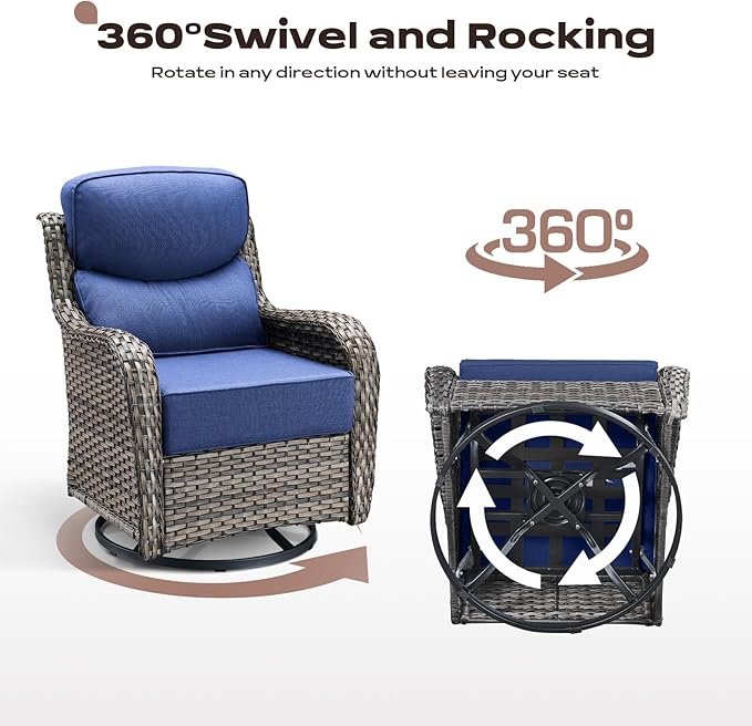 Rilyson Wicker Outdoor Patio Furniture Set - 4 Piece Patio Conversation Set with Swivel Rocker Chairs and Ottomans, 6 inch Cushions, High Back, Deep Seating, for Porch Deck Garden Mixed Grey/Blue