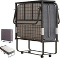 Mjkone Folding Bed with Mattress, Rollaway Bed for Adults with Headborad & Dustproof Bag, 5 Inch Portable Fold Up Bed for Guests with Casters, Foldable Frame, Space Saving for Bedroom（75" x 38"）