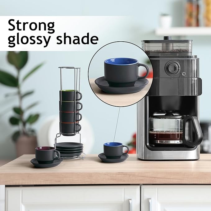 MIAMIO - 2.5 oz Espresso Cup Set with Saucers Coffee Mug Set of 6 - Ceramic Coffee Mug Stackable Espresso Mug with Stand for Coffee Drinks, Latte, Cafe Mocha - Le Papillon Collection (Colorful)