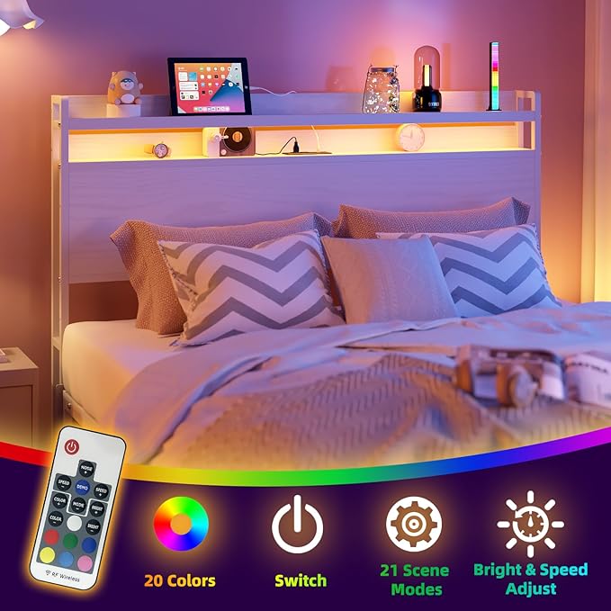Elephance Headboard for Full Size Bed Frame with 2 Tier Storage, with Outlets, USB and Type C Ports and LED Light, Height Adjustable, Platform Bed Headboard Only, Easy Assembly, White