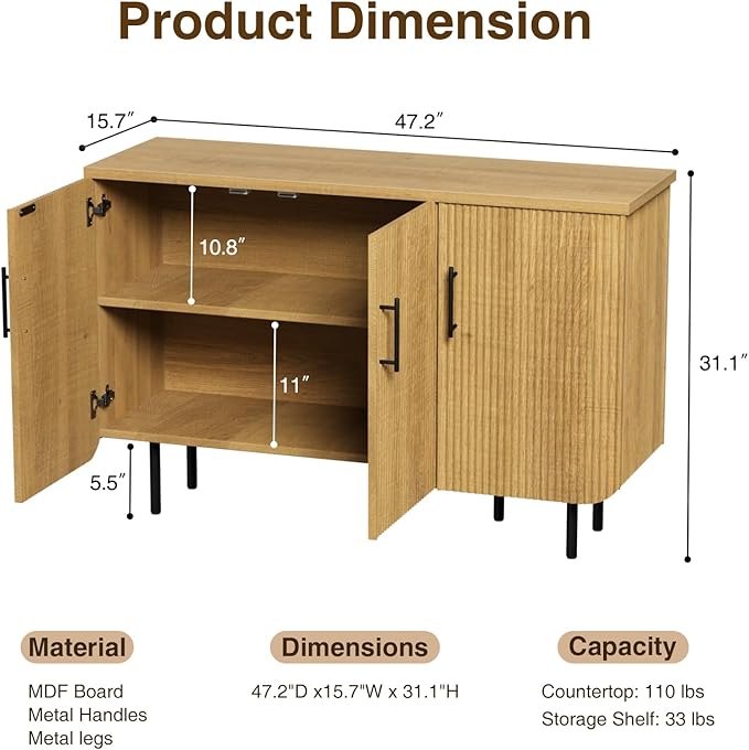Set of 2 Fluted Natural Storage Cabinets, Modern 3-Door Sideboard Buffet Cabinet with Adjustable Shelves and Metal Legs, Accent Cabinet for Kitchen, Living Room, Entryway (Natural & Black)