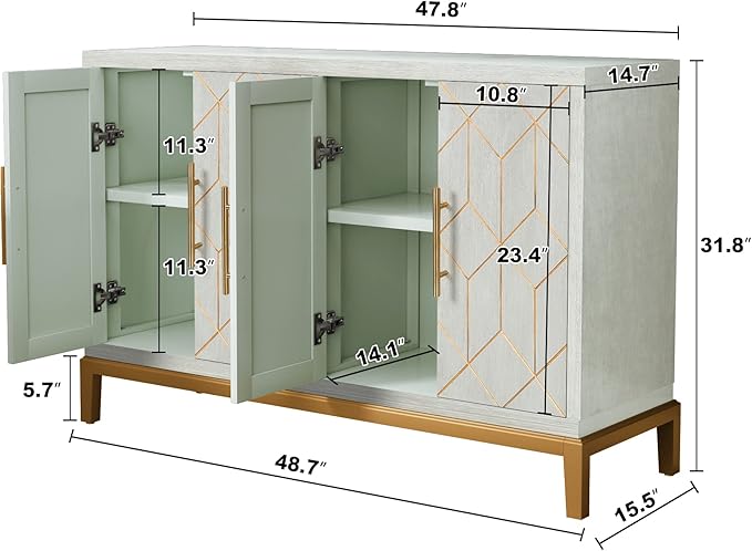 HLR 48" Accent Cabinet with 4 Doors and Shelves, Modern Credenza Storage Cabinet with Gold Trim, Green Buffet Cabinet for Living Room, Kitchen, Dining Room, Hallway
