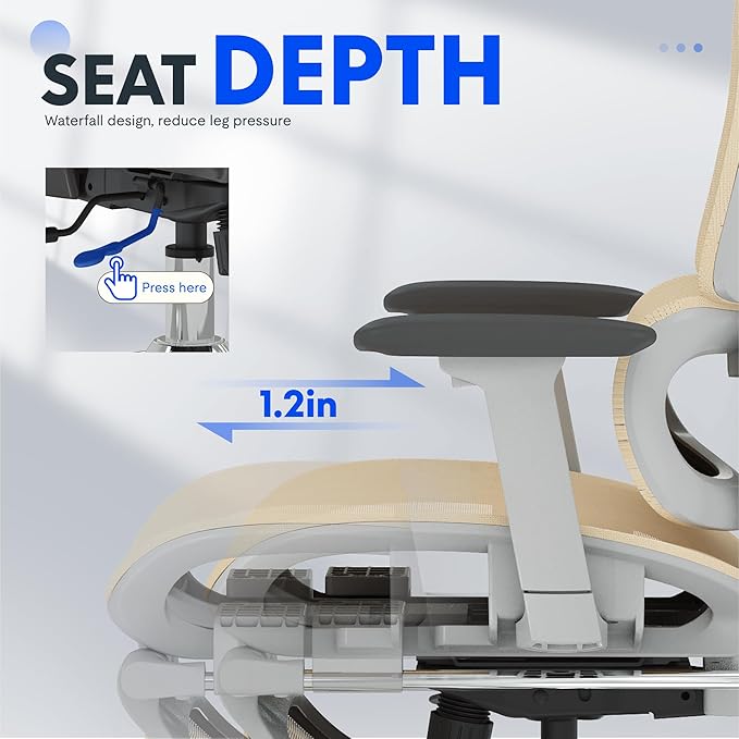 FLEXISPOT ErgoX Premium Ergonomic Office Chair with Footrest- Adjustable 3D Armrests, Dynamic Lumbar Support, Recline & Tilt Function, Mesh Seat, for Home & Office Use,Cream