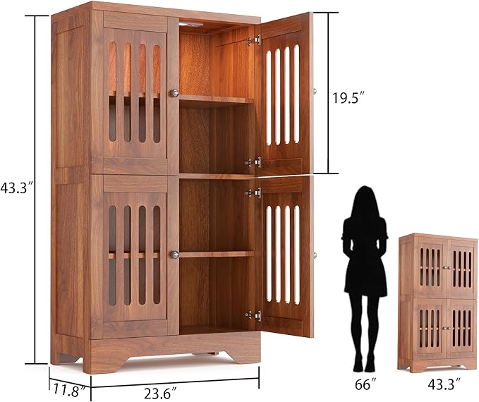 PARTPHONER Bathroom Floor Storage Cabinet with Cabinet Lights, Modern Storage Cabinet with 4 Doors and Adjustable Shelves, Buffer Hinges, Walnut Pantry Cabinet for Living Room & Kitchen