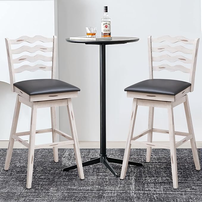 COSTWAY Bar Stools Set of 2, 29” 360° Swivel Bar Height Chairs with Rubber Wood Frame, Cushioned Seat, Ergonomic Backrest & Footrest, Wooden Upholstered Barstools for Kitchen Island (2, 29”)