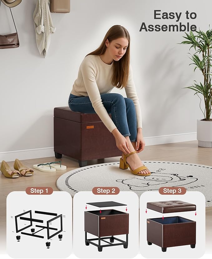 17.7 inches Synthetic Leather turfed Ottomans Cube with Legs, Metal-Framed Square Storage Ottoman Foot Rest Stool Holds 770 LB for Dorm Living Room Bedroom Brown UASND63R