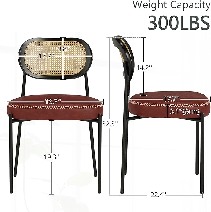 Rattan Dining Chairs Set of 4, Wine Leather Upholstered Dining Chairs with Rattan Cane Back, Mid Century Modern Dining Room Chairs with Black Metal Legs & D-Shaped Thicken Cushion, Wine