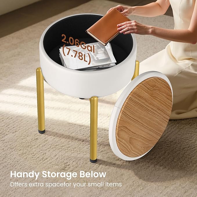 18-Inch Leather Vanity Stool Chair with Storage, Vanity Bench with 4 Golden Metal Legs & Anti-Slip Adjustable Feet,Round Storage Ottoman Stool with Removable Soft Padded Seat, White