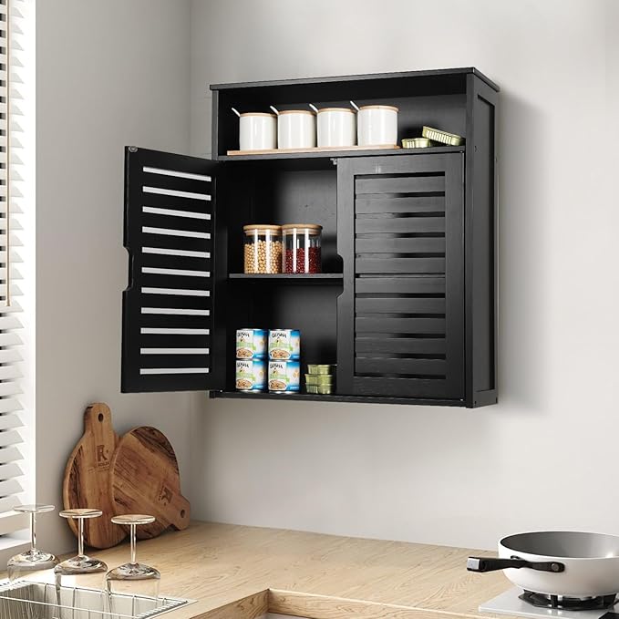 HYNAWIN Wall-Mounted Black Bathroom Cabinet with Double Doors, Bamboo Storage Shelf Organizer for Kitchen, Living Room, or Bathroom