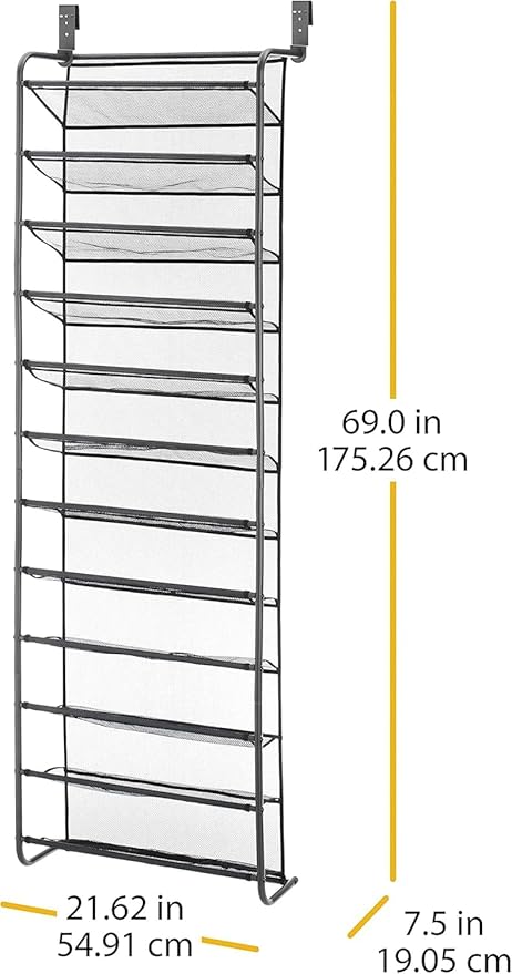 Whitmor 36 Pair Over The Door Shoe Rack, 12 Tier Hanging Shoe Organizer, Heavy Duty Metal & Mesh Shoe Holder, Hanging Shoe Rack for Closet Organizer & Storage, 69" L x 21.7" W x 7.5" H, Gunmetal Gray