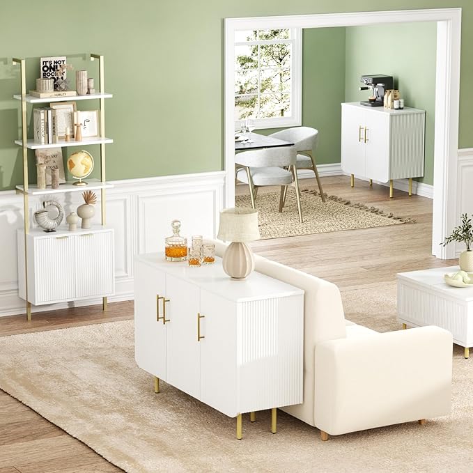 Buffet Cabinet with Storage, Sideboard with 2 Doors, Adjustable Shelf, Fluted Accent Cabinet for Living Room, Modern,White