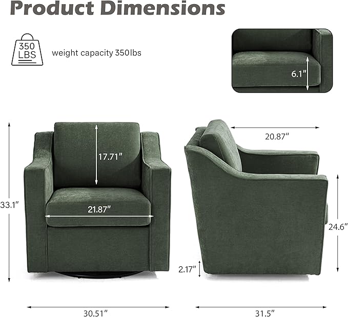 UIXE Swivel Accent Chair, Chenille Fabric Upholstered Arm Chair for Living Room, Modern Club Armchair Comfy Single Sofa Bedroom Reading Seat with Lumbar Pillow - Green