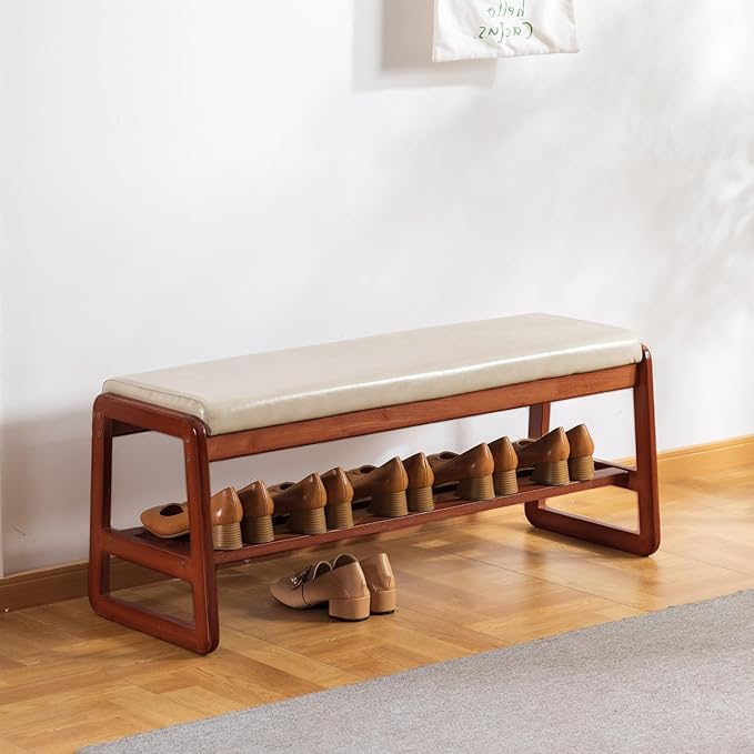 latifolia Solid Wood Bench, Entryway Shoe Bench with Cushion, 2 Tier Shoe Storage Organizer for Hallway, Living Room(Grey,39.70''L)