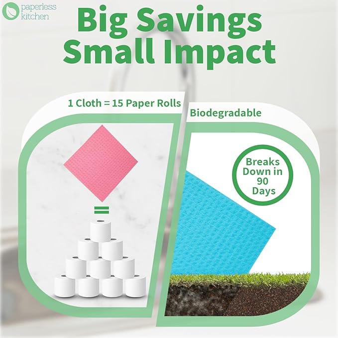 Reusable Swedish Dishcloths for Kitchen – Eco Friendly Paper Towel Alternative – Absorbent, Washable, Compostable Cleaning Cloths – 4 Pack by Paperless Kitchen