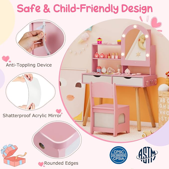 Costzon Kids Vanity with Lights, Girls Vanity Set with Mirror Cabinet, Storage Drawers, Hooks & Shelves, Toddler Makeup Vanity Desk Dressing Table, Wooden Kids Vanity Table and Chair Set (Pink)