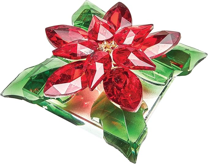 Bits and Pieces Crystal Poinsettia Figurine - Faceted Glass Sparkling Red and Green, Home Decor Christmas Decoration and Gift