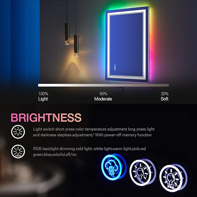 LED Bathroom Mirror, 20x28 inch, Wall Mount, Anti-Fog, RGB Backlit, Front-lit