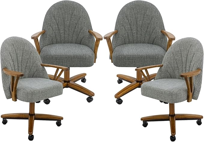 Chromcraft Set of 4 Swivel Tilt Chairs, Luxe Wooden Arm All-Metal Pedestal Base Chairs with Wheels for Kitchen