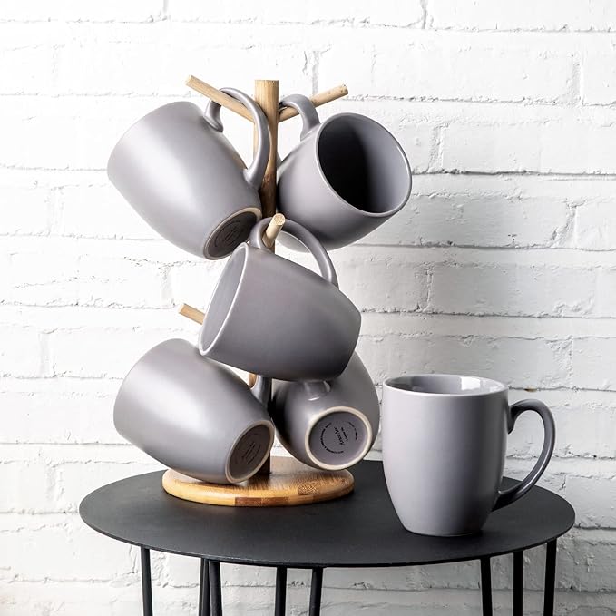 AmorArc Coffee Mugs Set of 6, Ceramic coffee mugs with large handle for Men Women,16oz Coffee Mugs for Coffee,Tea,Latte,Cocoa. Easy to Hold&Clean, Dishwasher&Microwave Safe, Matte Grey