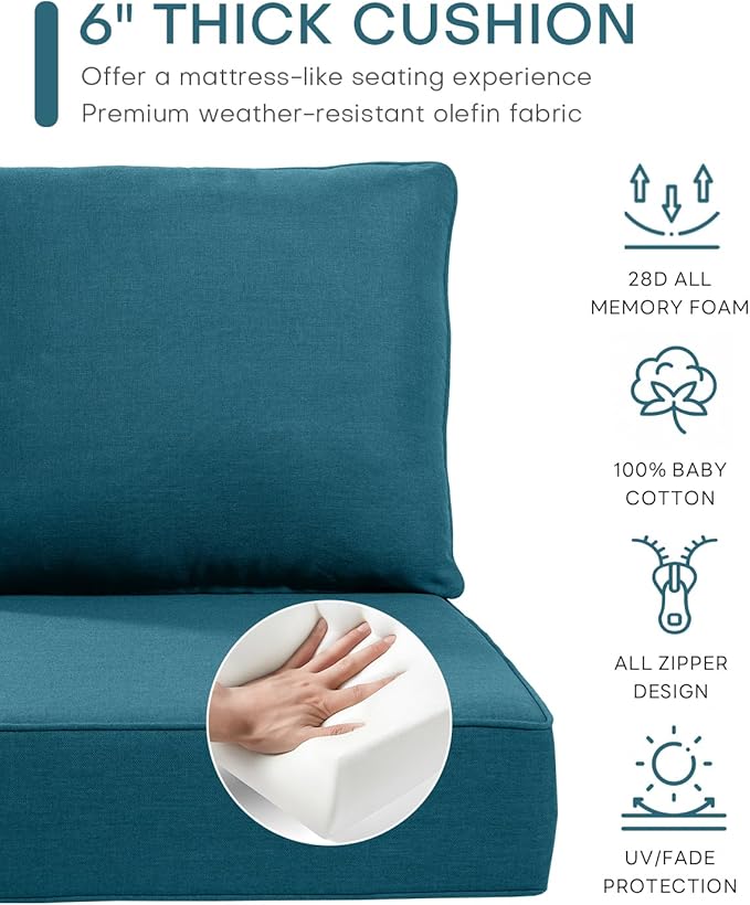 Luxury 24x24x6 Inch Outdoor Seat Cushions - Set of 2 Water Resistant Patio Chair Cushion for Porch Set Rattan Dining Rocker Glider Chairs Loveseat Couch Sectional Sofa - Peacock Blue