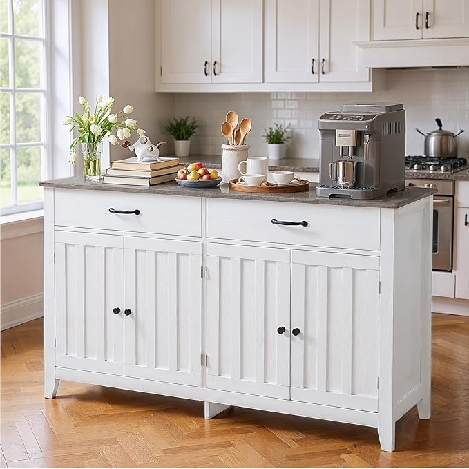 Gizoon 55" Buffet Cabinet, Sideboard Buffet Cabinet with Storage, Modern Coffee Bar with 2 Drawers and 4 Doors, Kitchen Pantry Storage, Wood Kitchen Sideboard Table, Adjustable Shelf, White/Grey