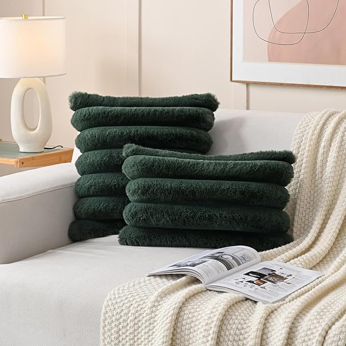 FUTEI Christmas Dark Green Decorative Throw Pillow Covers 26x26 Inch Set of 2, Square Soft Faux Rabbit Fur Thick Striped Euro Pillow Shams,Winter Home Decor for Couch Bed Living Room