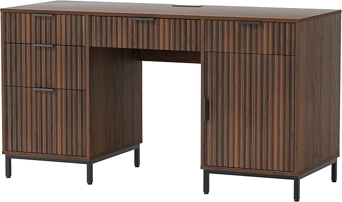 Modern Fluted Executive Desk with File Drawer, 55" Large Computer Desk with Storage and Charging Station, Wooden Home Office Desk for Workspace, Writing, Study, Brown