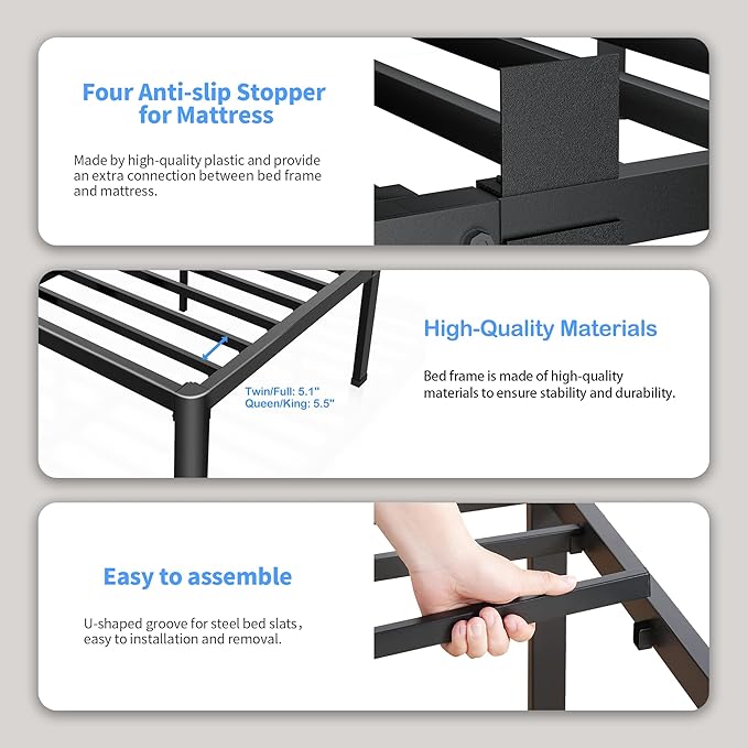 ROIL 7 inch Metal Queen Bed Frame with Rounded Corner Mattress Retainers 3500LBS Heavy Duty Steel Slats No Box Spring Needed Platform Noise-Free Easy Assemble